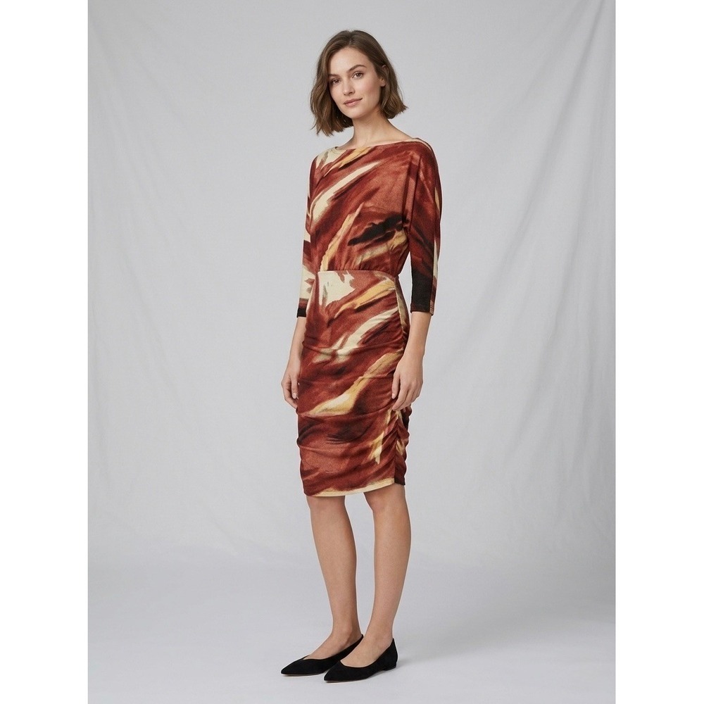 Alice + Olivia Abstract Print Ruched Bodycon Dress Rust Orange Boatneck